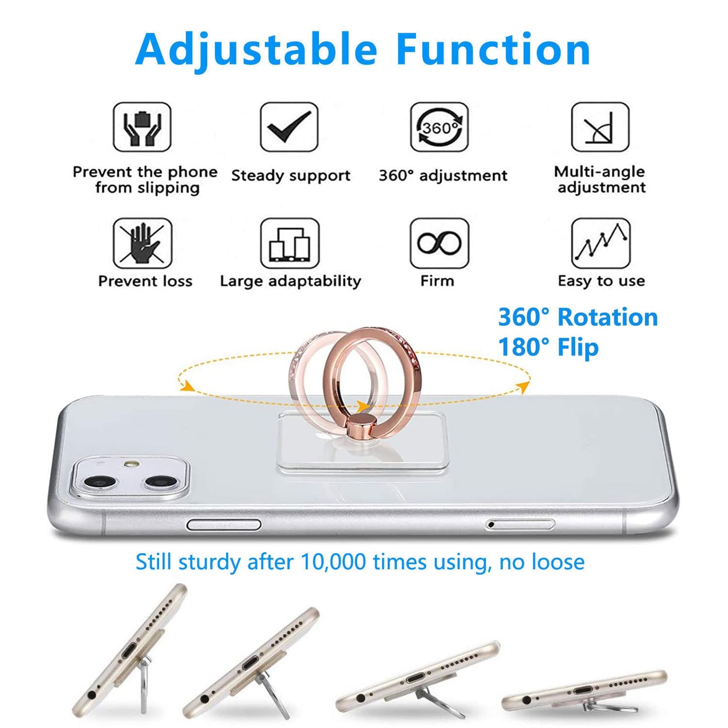 Kinizuxi Cell Phone Ring Holder Stand 5 Pack Silver, Transparent Phone Ring Holder Grip Finger Kickstand, 360° Rotation Phone Ring for Phone Cases