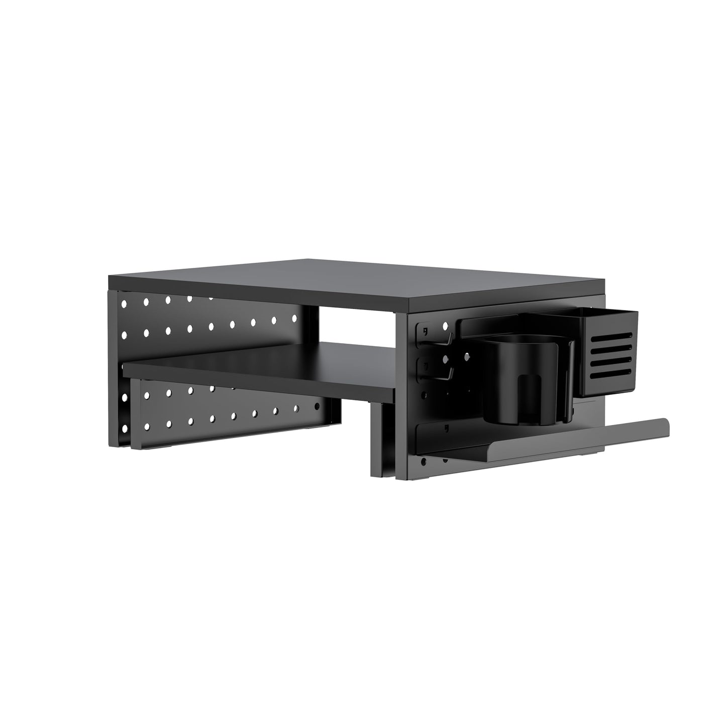 Kantek Pegboard Dual Monitor/Laptop Stand, 2 Ergonomic Platforms, Includes Accessories, Desk Organizer, Black MDF and Metal