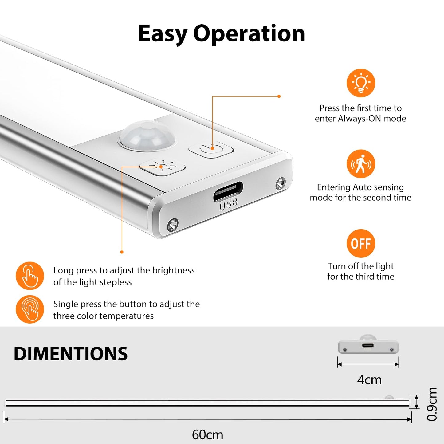 DEALGADGETS 60cm Ultra Thin Under Cabinet Lights, 106 LED 5000mAh Motion Sensor Lights Indoor, 3 Color Stepless Dimming Rechargeable LED Lights