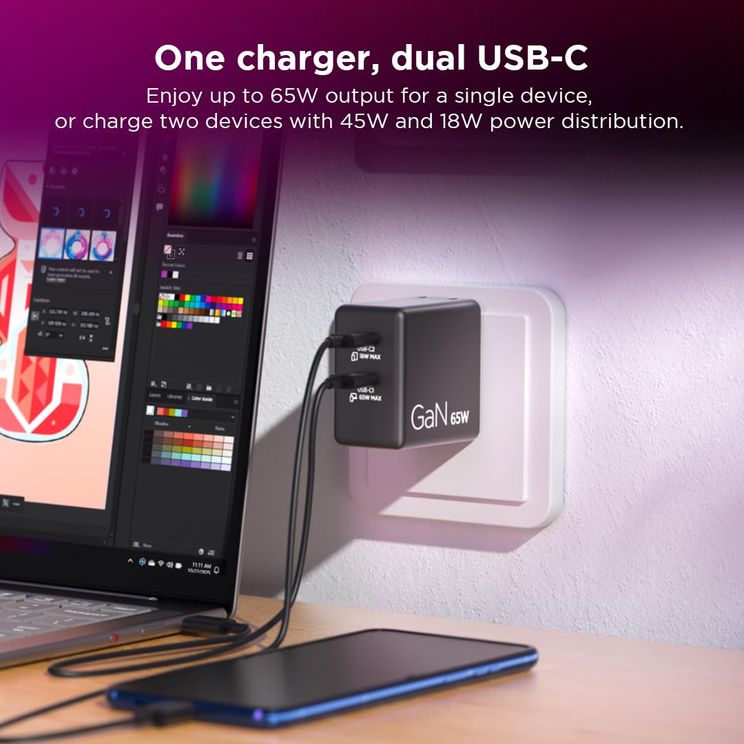 Lenovo Dual USB-C 65W GaN Charger, 2 USB-C Ports, for Laptops/Tablets & Phones & More, Compact Size, Foldable Plug, Includes 1.5m USB C Cable