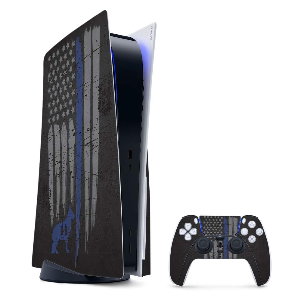 MightySkins Gaming Skin for PS5 / PlayStation 5 Bundle - Thin Blue Line K9 | Protective Viny wrap | Easy to Apply and Change Style | Made in The USA