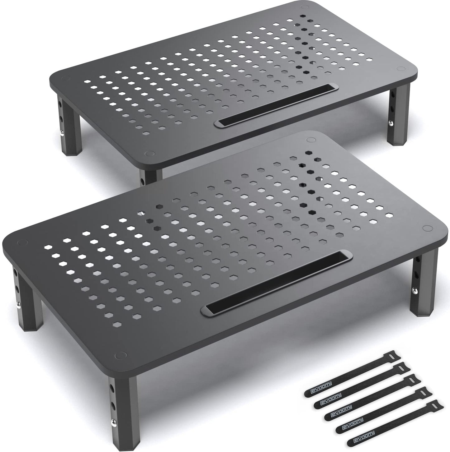 EVOOMI Back Saver Monitor Stand for Desk - 2 Pack Monitor Riser - Anti-Skid HD Hexagonal Steel Computer Stand - Free Cable Ties - Mesh Metal Computer