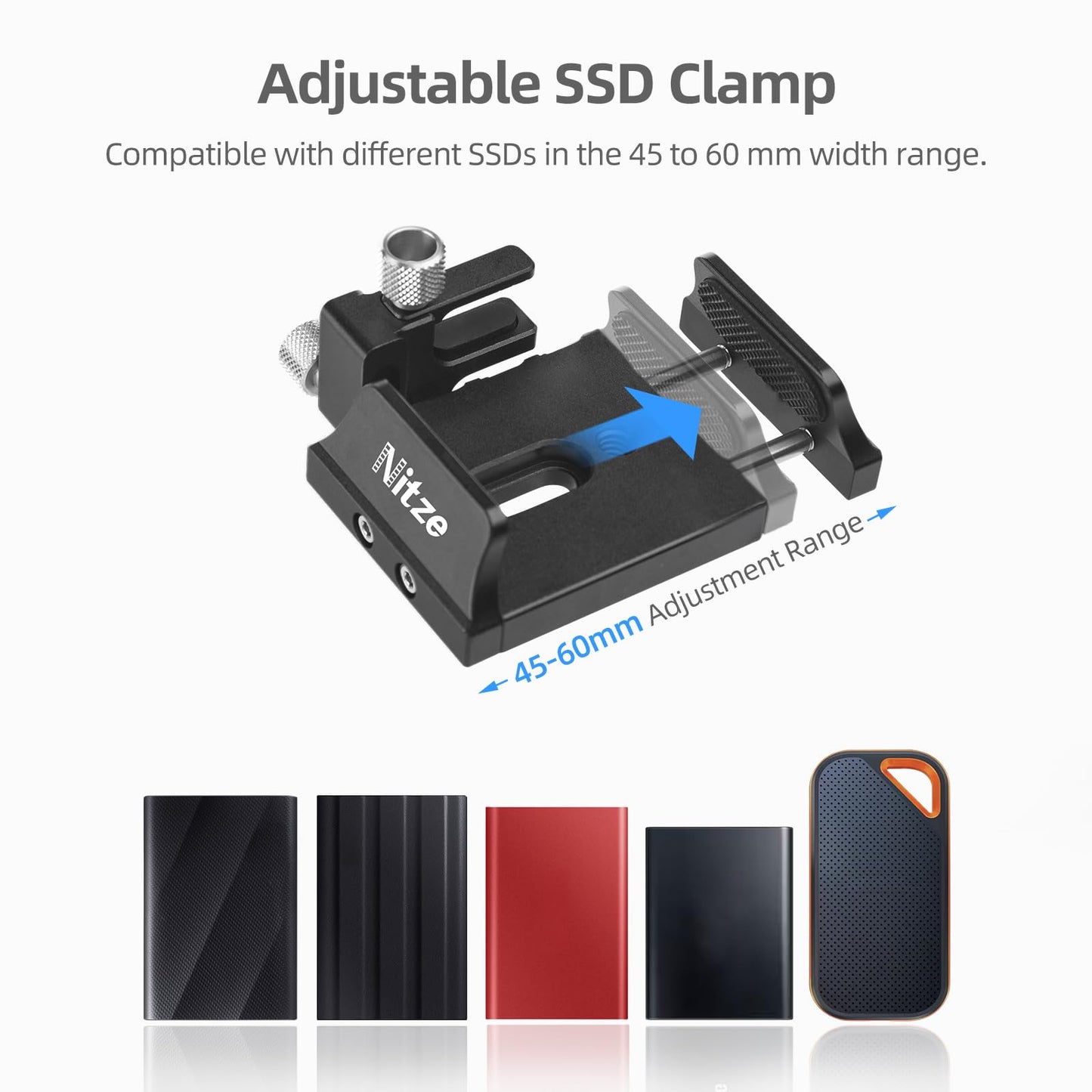 Nitze Universal SSD Mount for Samsung T5 / T7 / T7 Shield / T9 and SanDisk, with USB-C Cable Clamp, Compatible with 45 to 60mm Wide SSDs - N42C