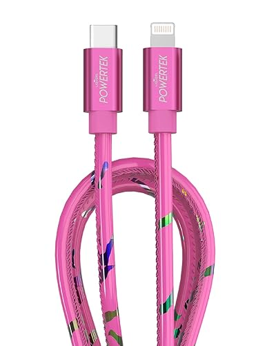 LIQUIPEL Powertek USB C to Lightning iPhone Charger Cable [MFI Certified], Fast Charging 6ft Cord, Neon Party (Pink)