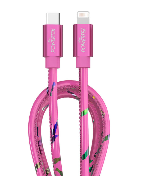 LIQUIPEL Powertek USB C to Lightning iPhone Charger Cable [MFI Certified], Fast Charging 6ft Cord, Neon Party (Pink)