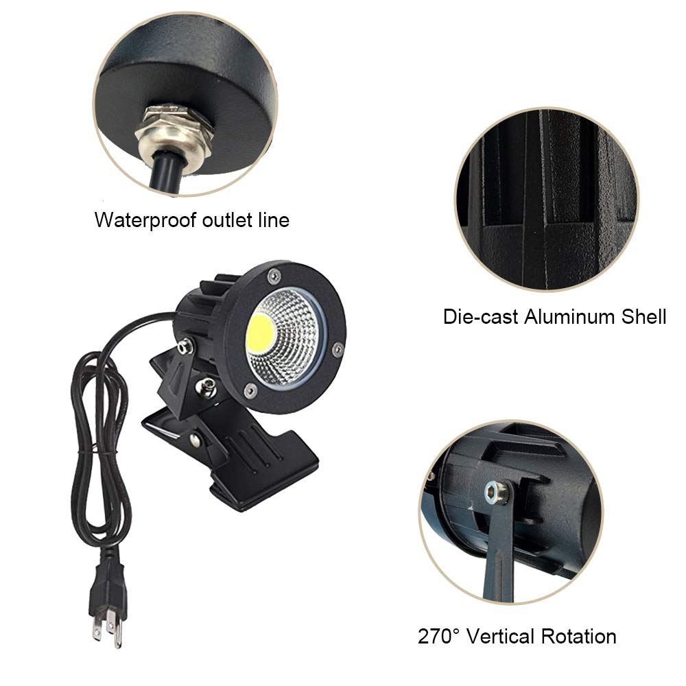 Youngine Outdoor 1pc 5W COB LED Clip on Light, IP65 Waterproof Adjustable Desk Stand COB Spotlights with Clip and US Plug for Flag Coffee Shop (Cool