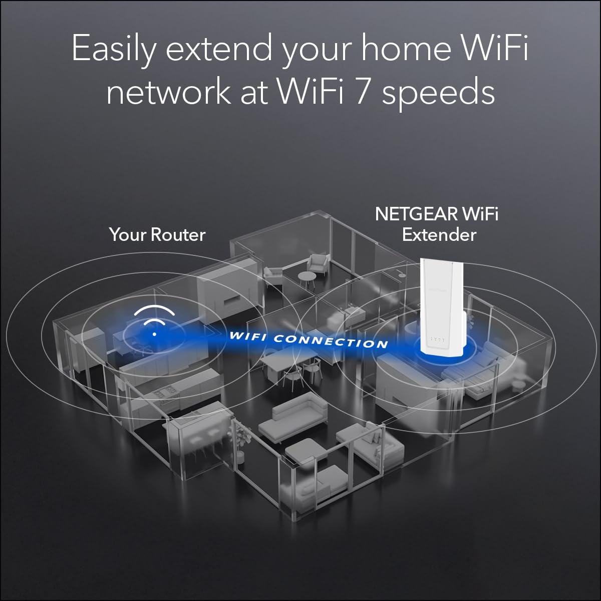NETGEAR WiFi 7 Range Extender (EXS25) - BE4500 Dual-Band Wireless Signal Booster & Repeater (up to 5 Gbps Speed) - Add up to 1,500 sq. ft., 45 Devices
