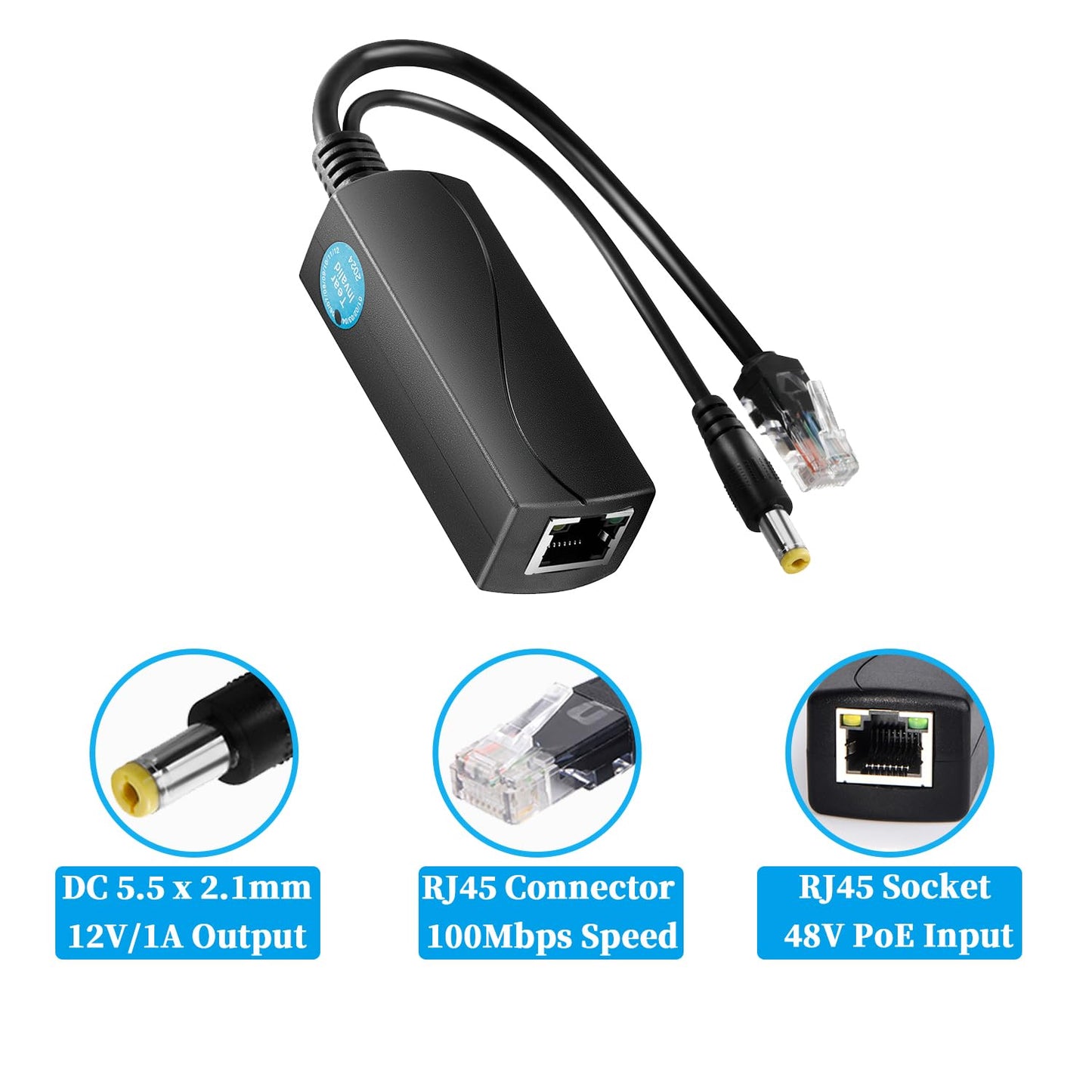 Active PoE Splitter 12V 1A Output with IEEE 802.3af Standard Compliant 10,100Mbps Power Over Ethernet Splitter Adapter for Security IP Camera CCTV