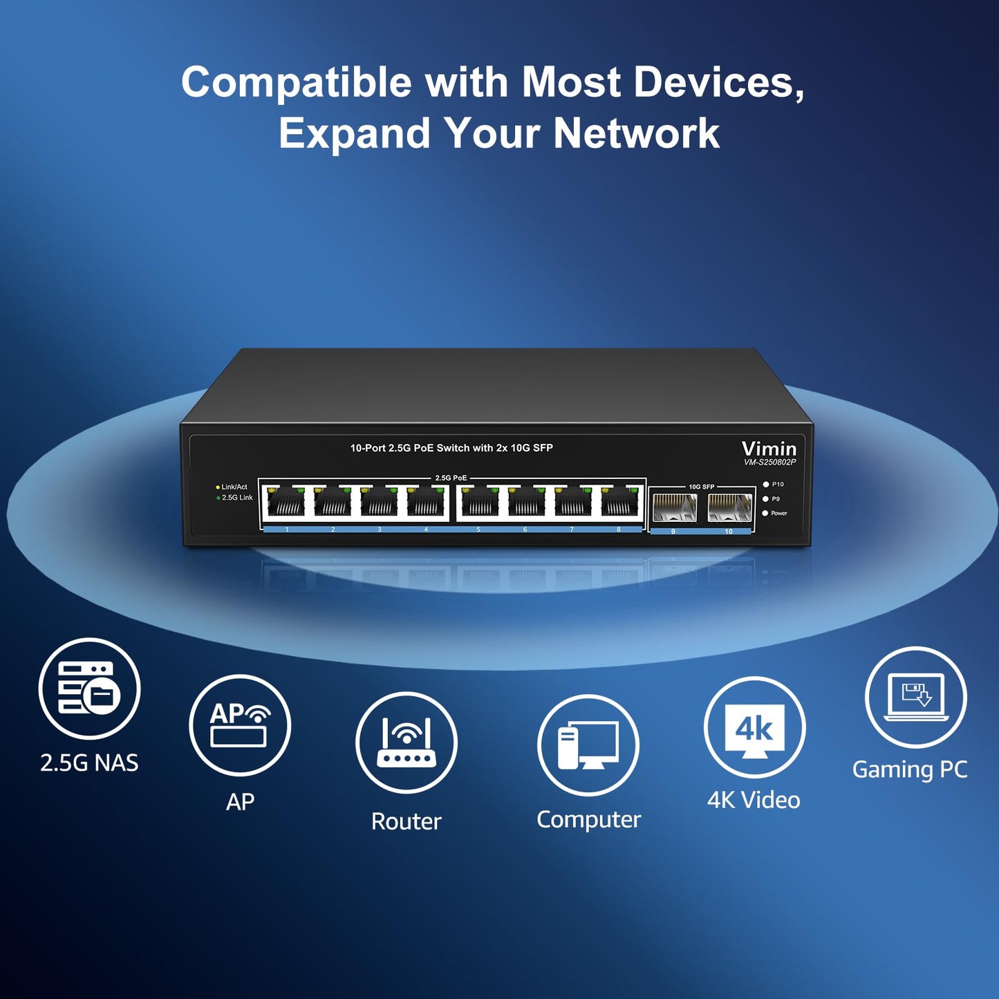 8 Port 2.5G PoE Switch Unmanaged, VIMIN 10x 2.5G Base-T PoE Switch, 2X 10G SFP+ PoE Switch IEEE802.3af/at, 80Gbps Ethernet Switching Capacity, 150W