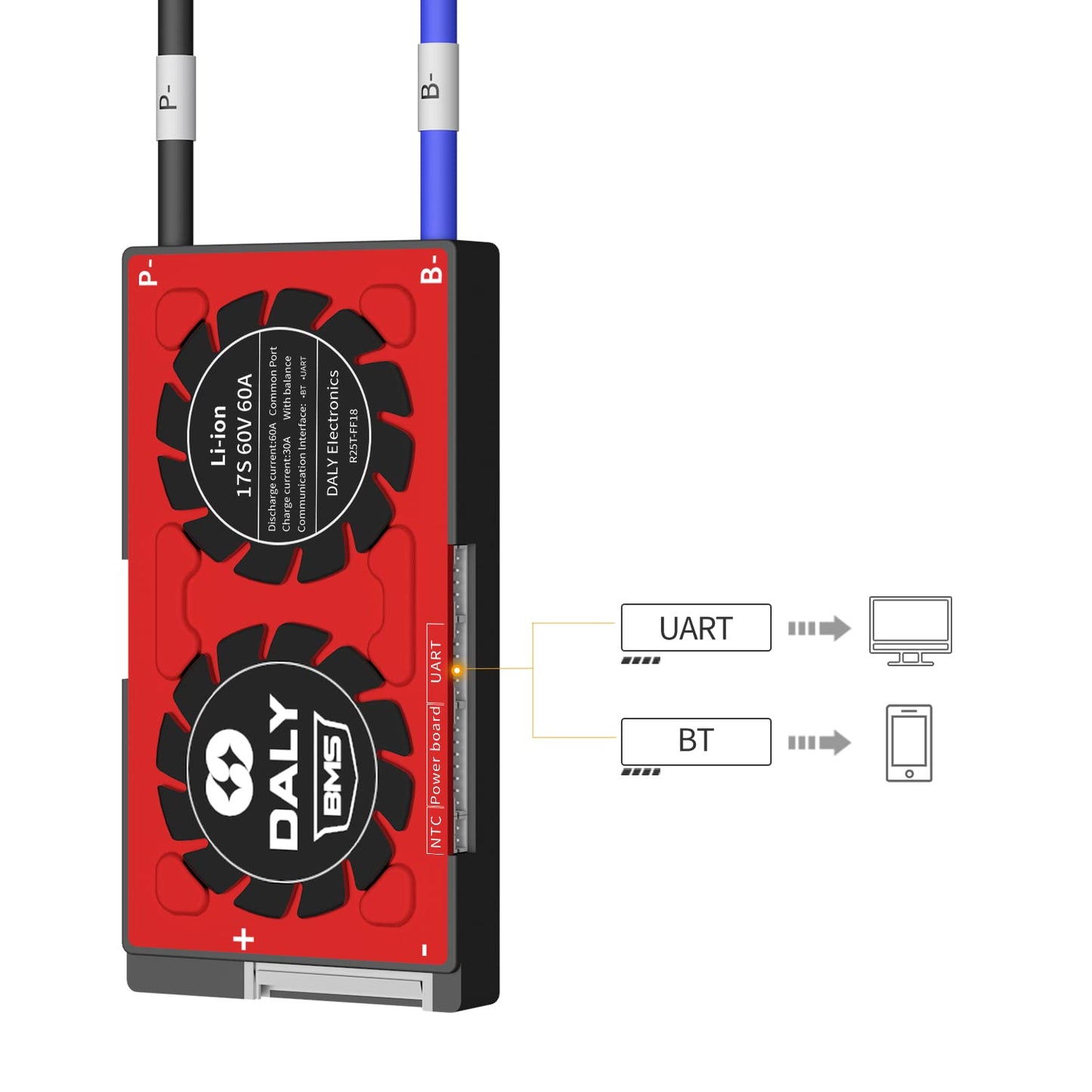 DALY Smart BMS Li-ion 17S 60V 60A with Visible Data Monitoring App Bluetooth Module, UART Communication for Rated 3.7V Lithium Battery Pack Management