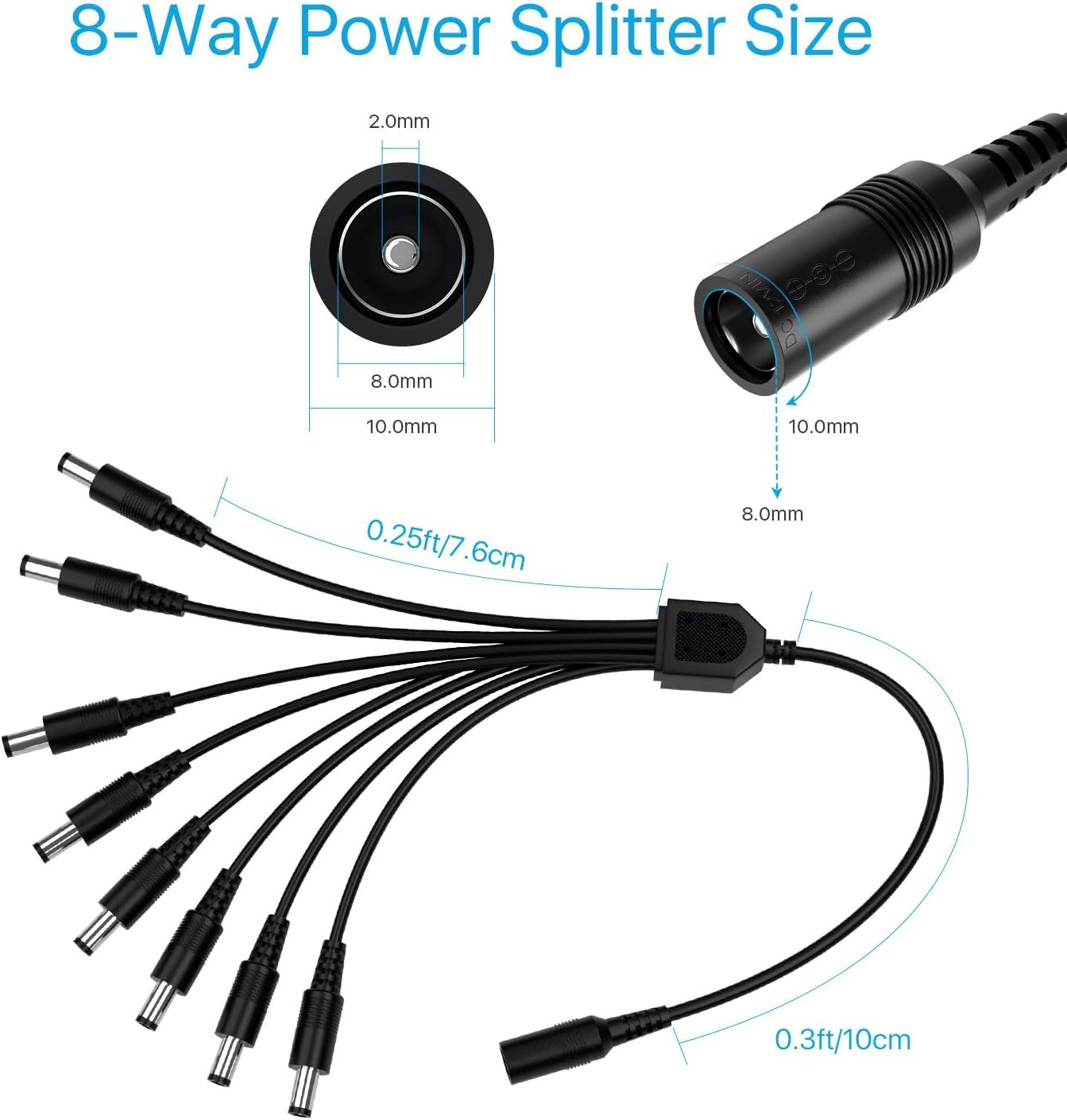 ZOSI DC 1 Female to 8 Male Output Power Splitter Cable Y Adapter For CCTV Accessories Black