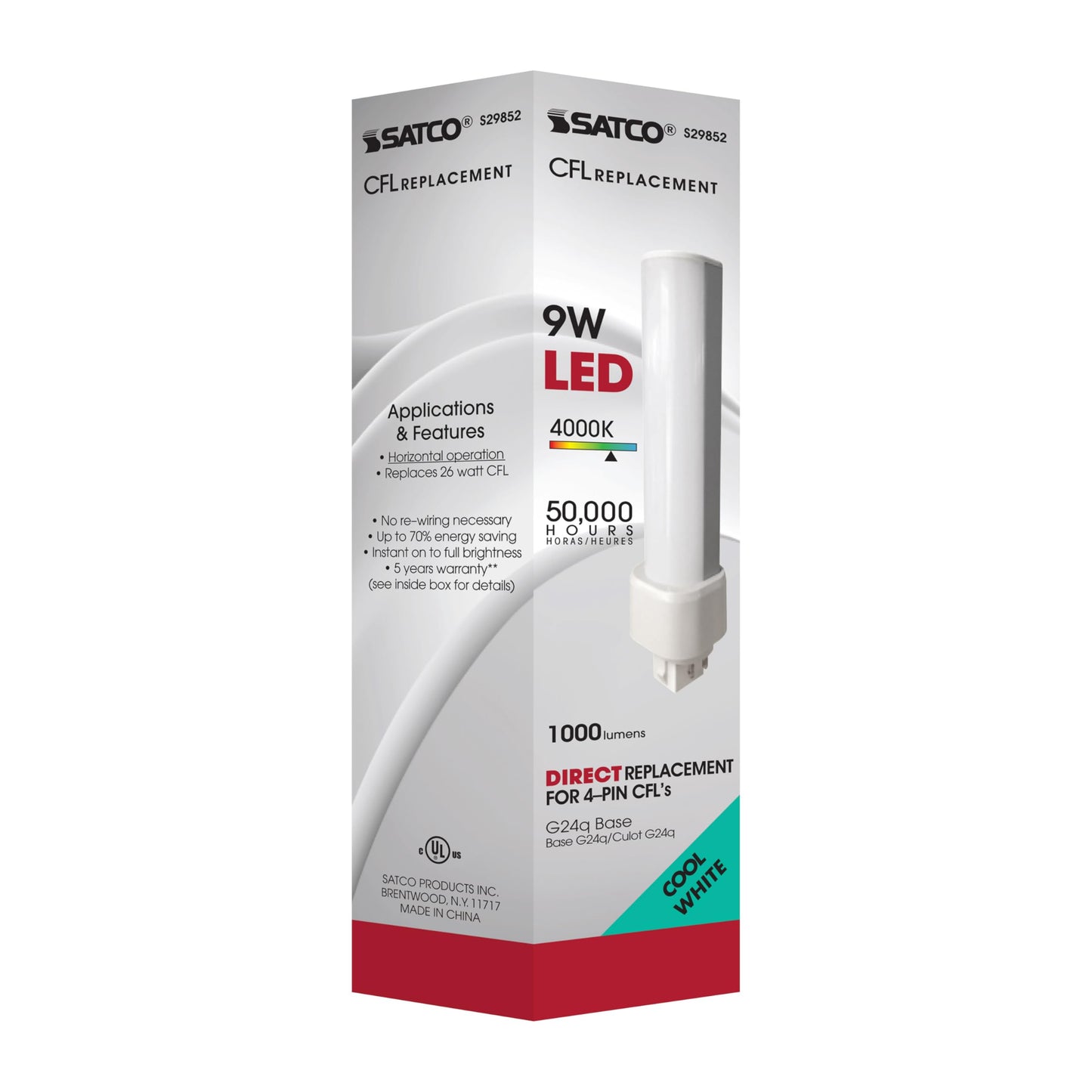 Satco Bulb,LED,9W,PL Shape,G24q Base,40K S29852-1 Each