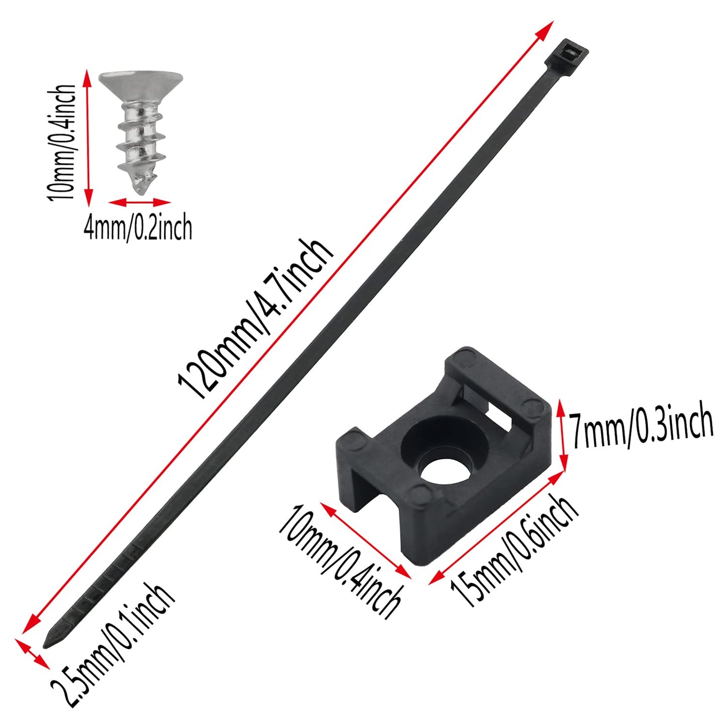 Saddle Type Mounts Base with 4.7inch Cable Ties and Tapping Screw ZZLZX 50 Sets 4.7 Inch Black Cable Zip Ties and Wire Cable Clips with Screw,Saddle