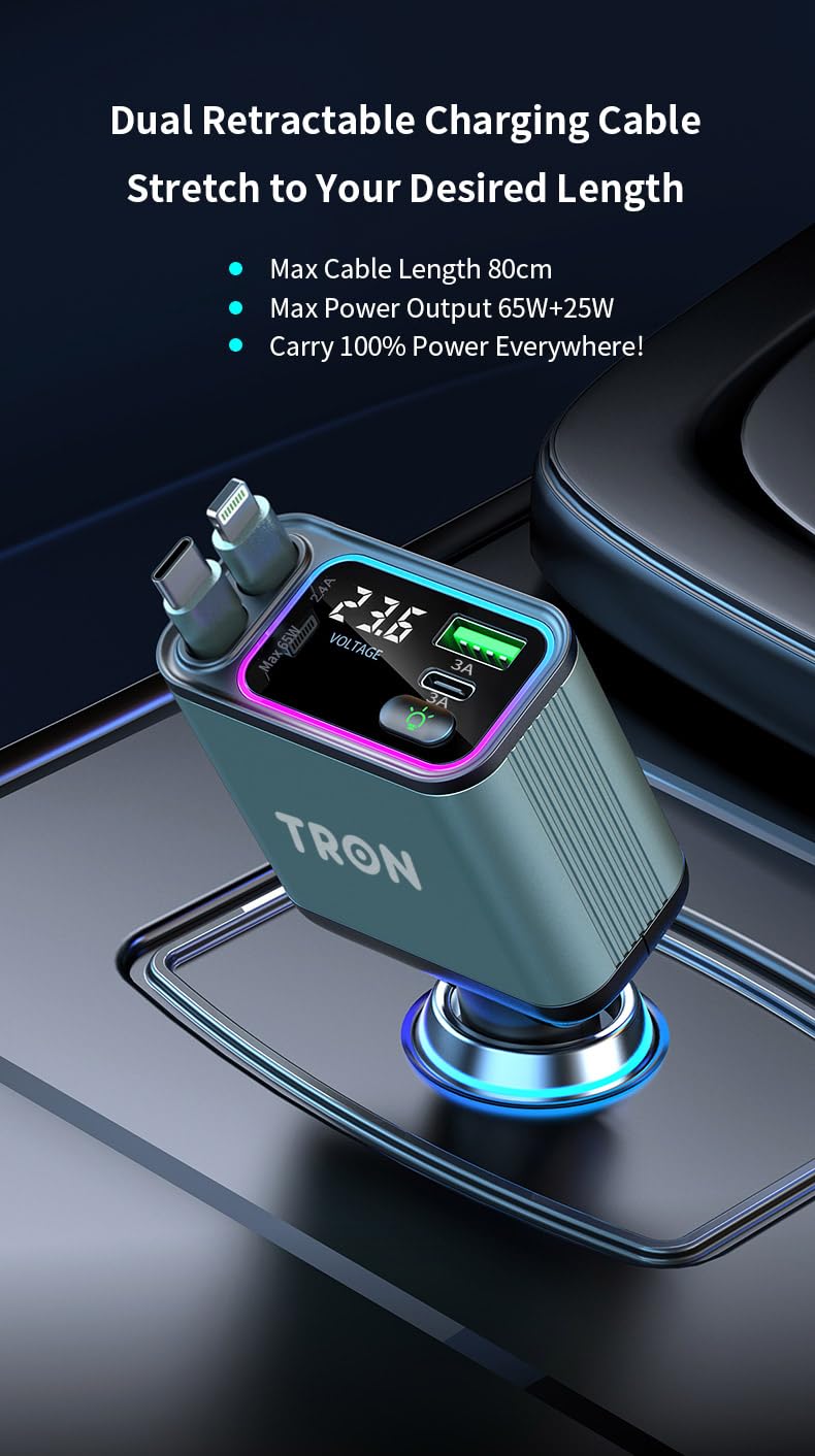 TRON 4 in-1, USB C Car Charger 65W,Retractable Cables (2.6Ft) and 2 USB Ports Car Charger Adapter,USB-C & USB-L Cable,Quick Charge for Android