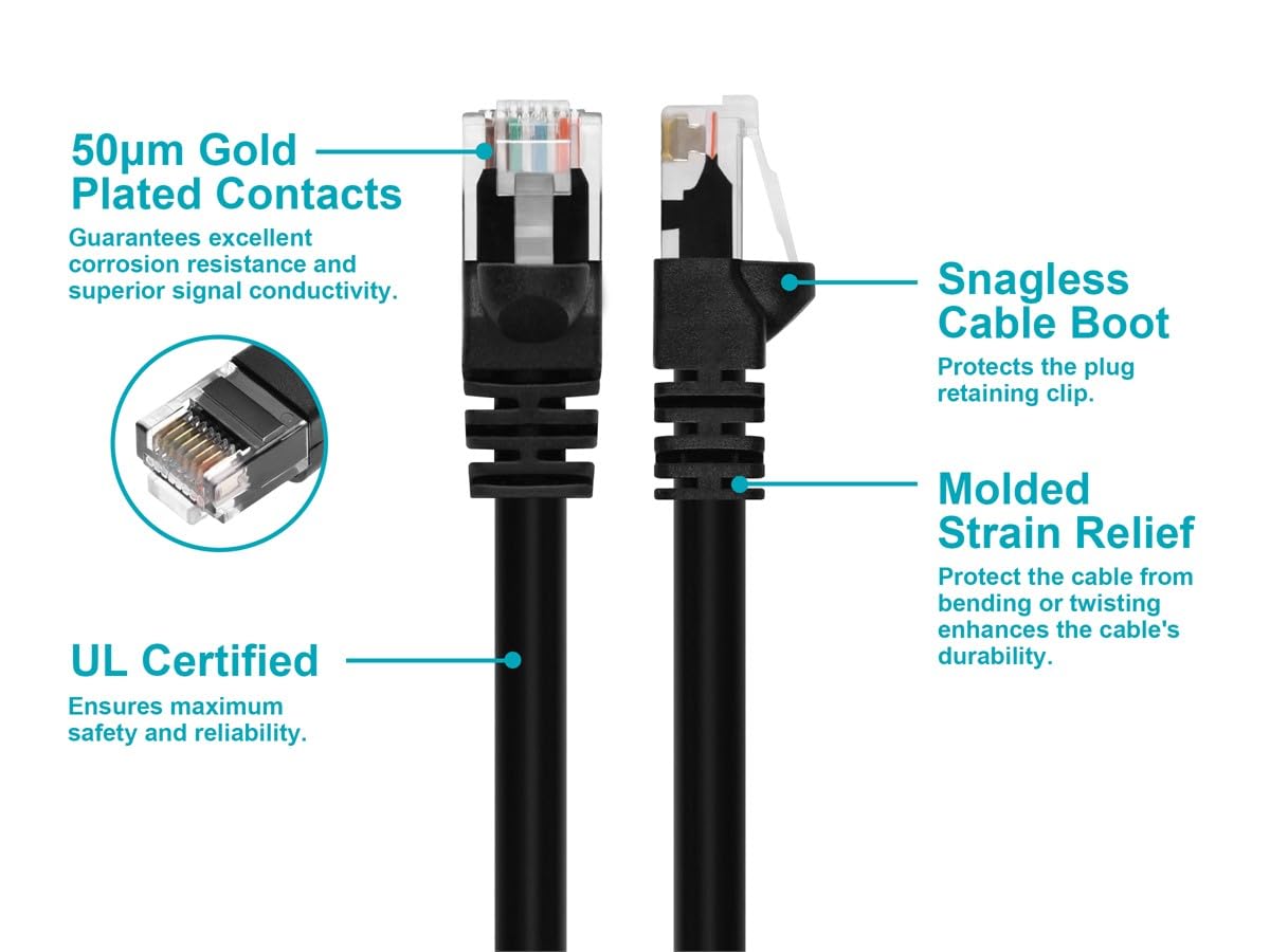 Monoprice Cat5e 75ft Black Patch Cable UTP 24AWG 350MHz Pure Bare Copper Snagless RJ45 Fullboot Series Ethernet Cable
