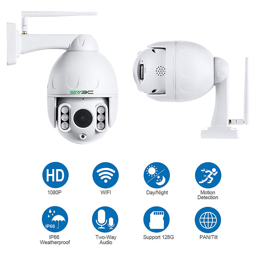 SV3C 1080P Outdoor PTZ WiFi Camera, ONVIF Security IP Camera with Auto Tracking, 197ft HD Night Vision, 5X Optical Zoom, Two-Way Audio, Waterproof
