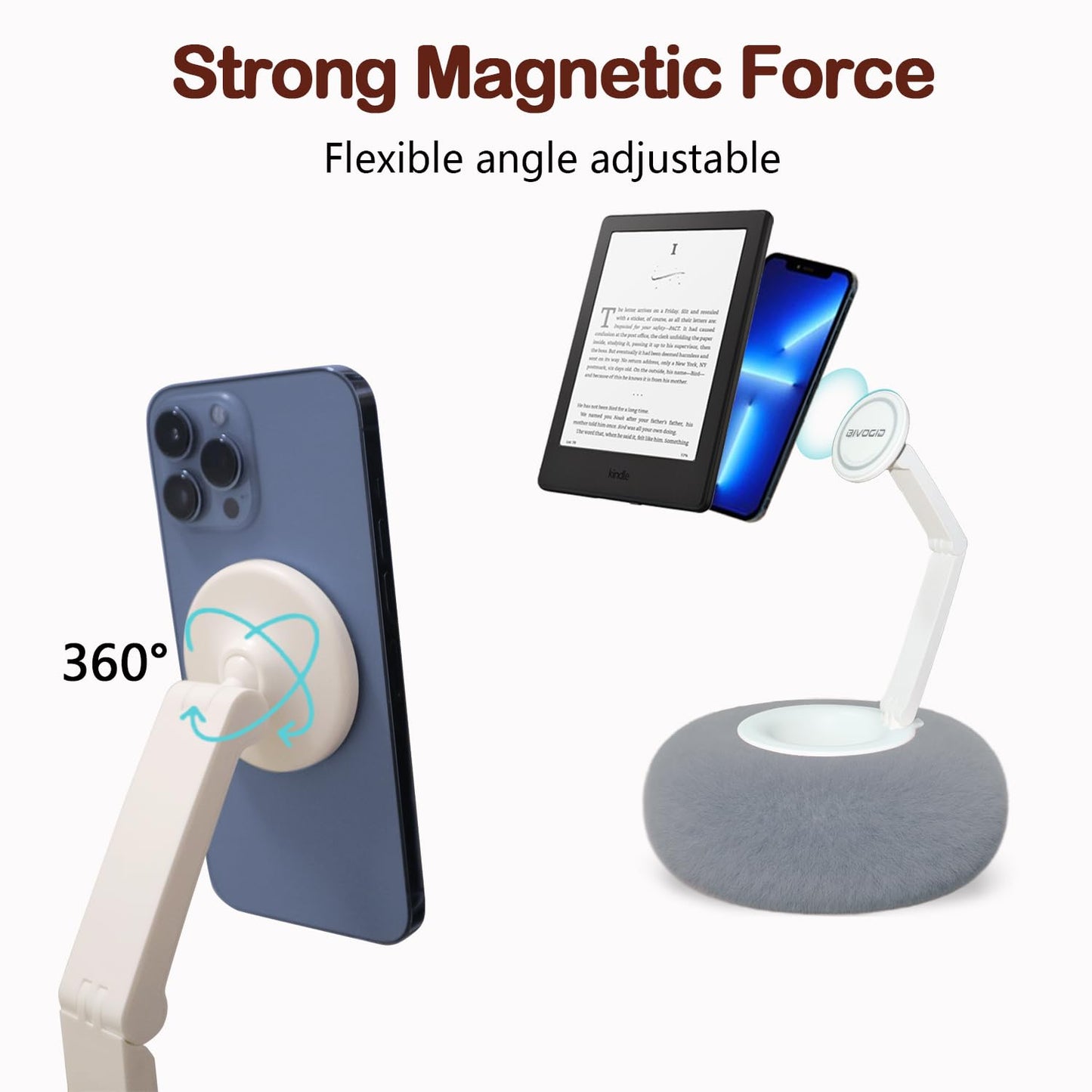 BIVOGID Upgraded Magnetic Kindle Holder for Bed, Dual-Axis 360° Adjustable Pillow Stand with Bowl & Suction Cup Base, Compatible with 3.5-7" Kindle