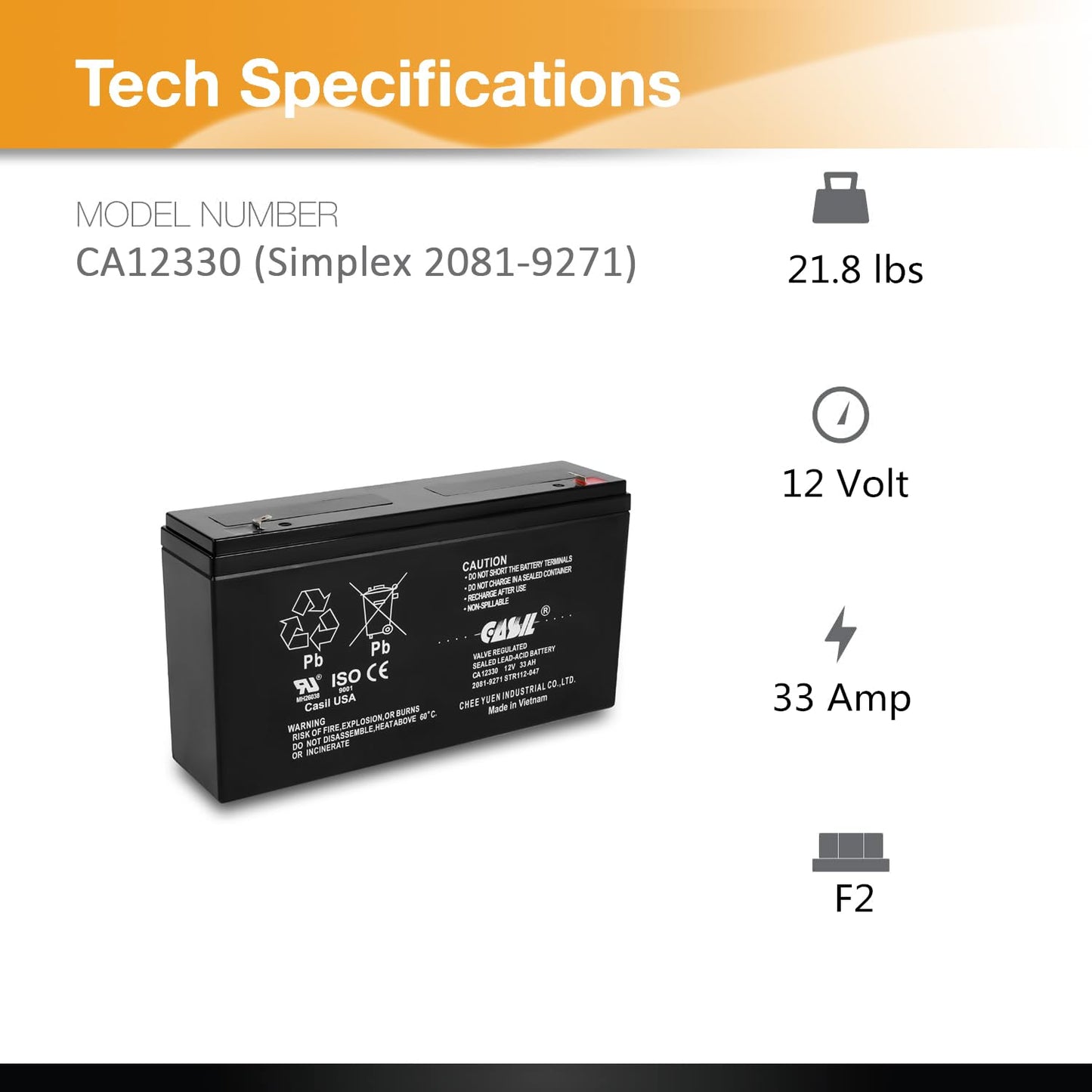 Casil Simplex 112-047 Fire Alarm Control Panel Battery 12V 33Ah F2 2 Pack