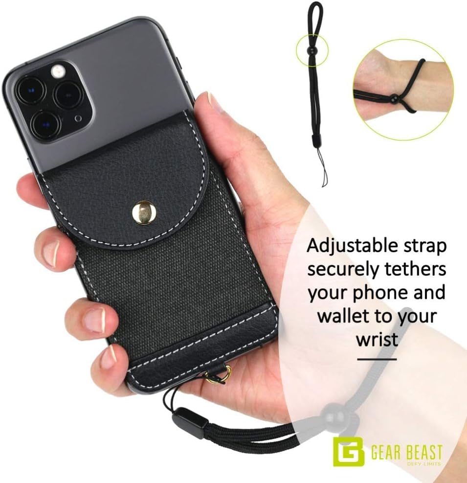 Cell Phone Wallet for Back of Phone with Wrist Strap, Stick On Wallet Credit Card ID Holder with RFID Protection Compatible with iPhone, Galaxy & Most