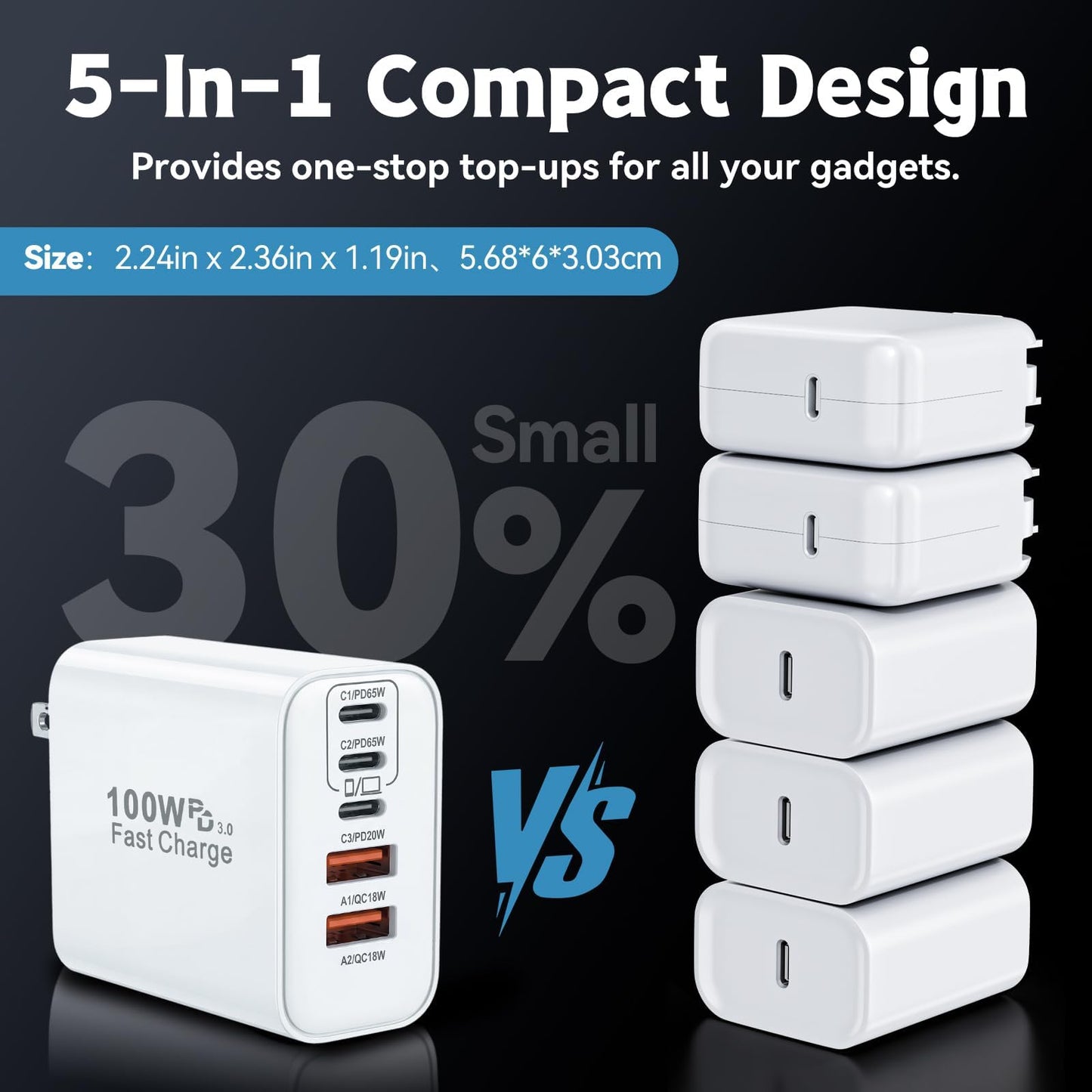 100W High Speed USB-C Fast Charging Charger Kit, 2 Pack 6.6 Foot Durable Woven Type C Cable with 5-Port Multi Port Wall Charger Block Compatible