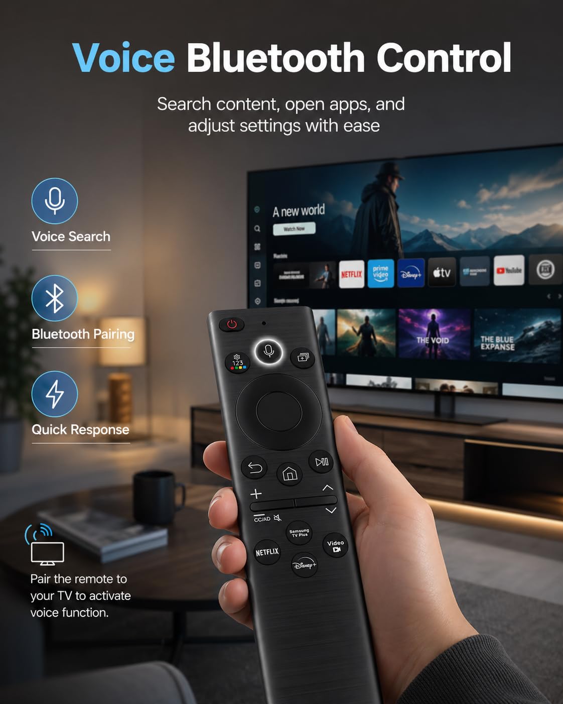 HSHONG BN59-01385A Solar Voice Remote Control Replacement for Samsung Smart TVs 2020-2025, Compatible with Frame Crystal UHD QLED Neo LED 4K TVs