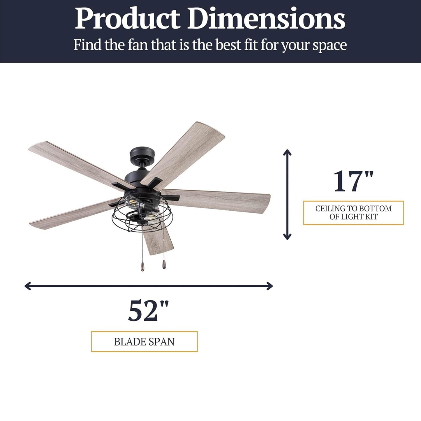 Prominence Home Marshall 52 Inch Industrial Style LED Ceiling Fan with Light, Pull Chain, 3 Mounting Options, Dual Finish Blades, Reversible, Black