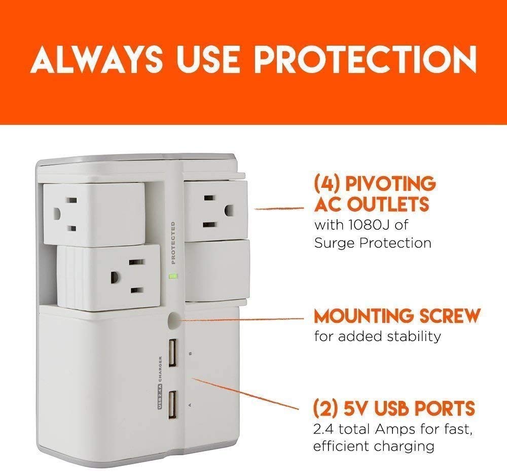 ECHOGEAR USB Wall Charger Surge Protector with 4 Pivoting AC Outlets & 2 USB Ports - Packs 1080 Joules of Surge Protection & Installs On Existing