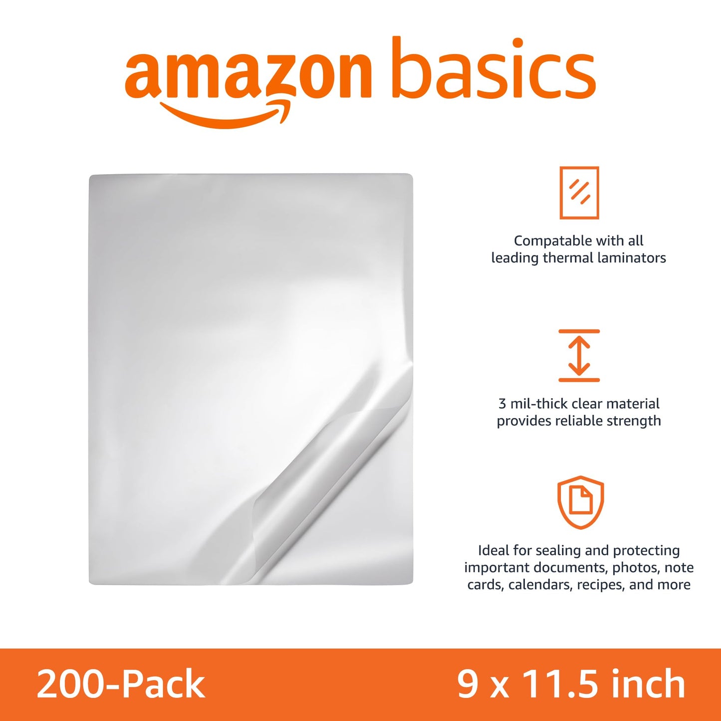Amazon Basics Clear Thermal Laminating Sheets for Documents and Photos, 9 x 11.5-Inch, 2.8 mil, 200-Pack