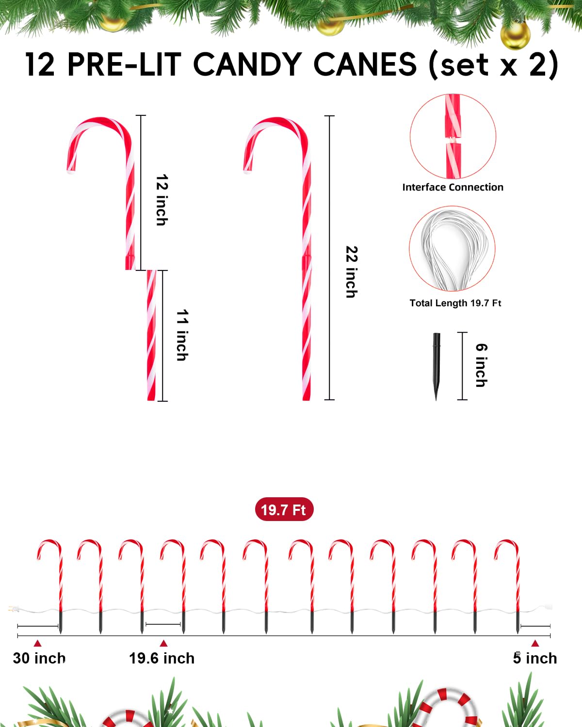 COOLWUFAN 24 Pack Christmas Candy Cane Pathway Lights, 22'' Outdoor Christmas Decorations Path Lights, Waterproof Candy Cane Yard Markers for Walkway
