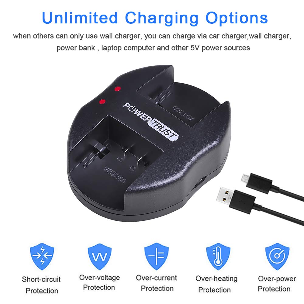 PowerTrust 2-Pack VW-VBT380 VW-VBT190 Battery and Dual USB Charger for Panasonic HC-V250, HC-V380, HC-V510, HC-V520, HC-V550, HC-V710, HC-V720