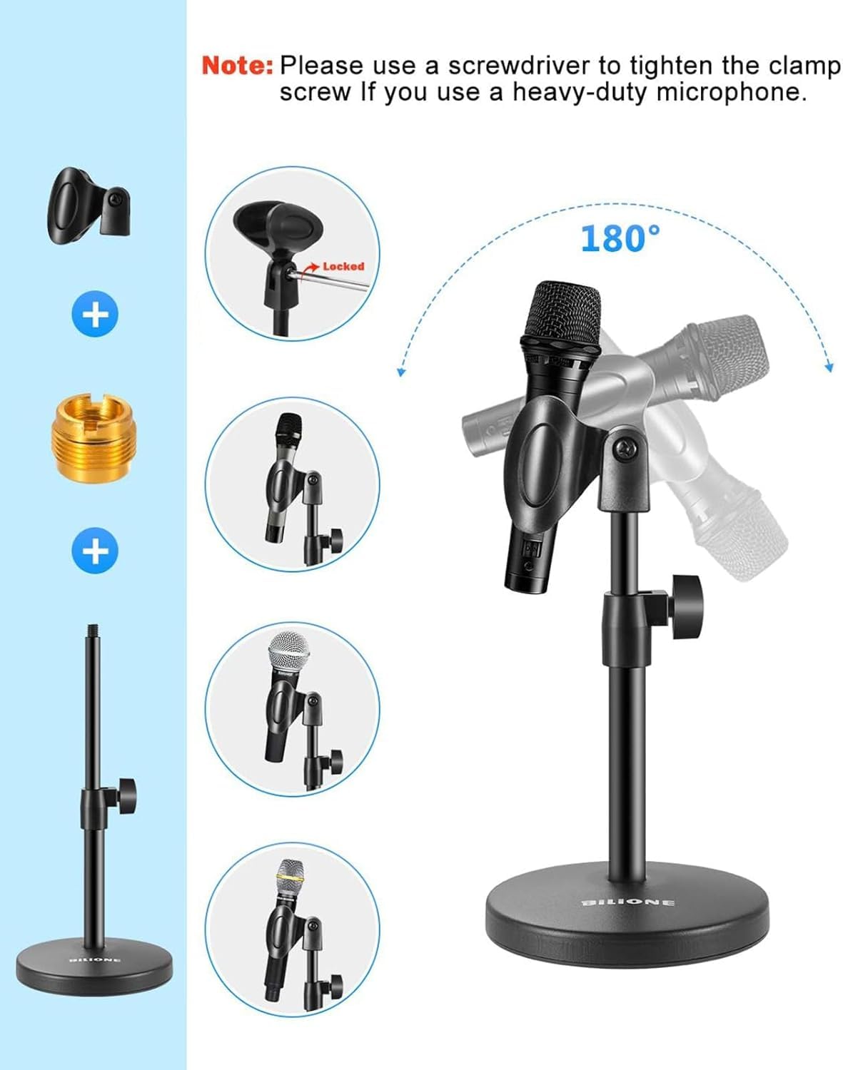 BILIONE 3 in 1 Multi Function Desktop Microphone Stand, Adjustable Table Mic Stand with Microphone Clip, Cell Phone Clip, 5/8" Male to 3/8" Female