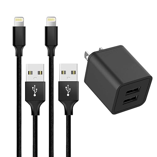 Dual USB Port Wall Plug Charger Plug and 2-Pack Nylon Braided 6-FeetLightning Cable Charge/Sync Compatible with iPhone 14/14 Pro Max/13/12/12…