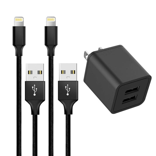 Dual USB Port Wall Plug Charger Plug and 2-Pack Nylon Braided 6-FeetLightning Cable Charge/Sync Compatible with iPhone 14/14 Pro Max/13/12/12…