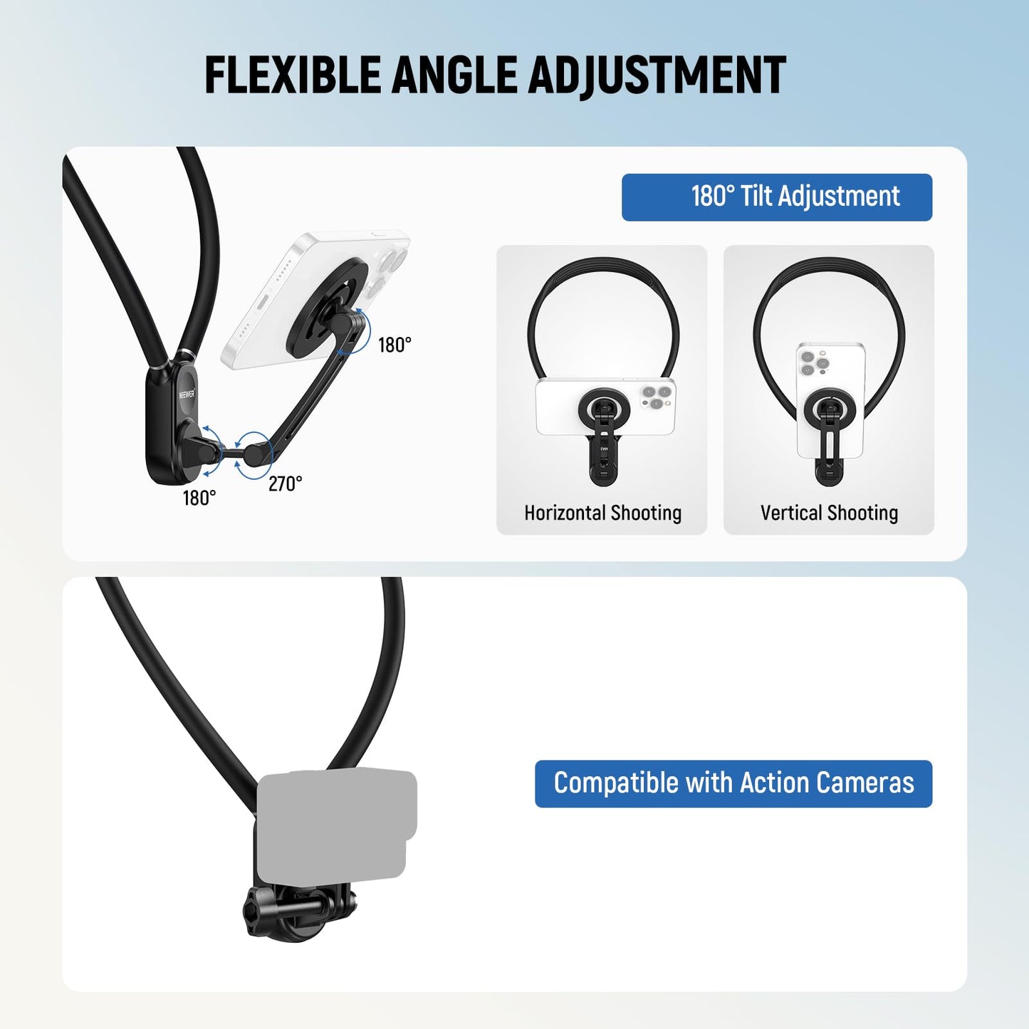 NEEWER Magnetic Neck Holder for Action Camera & Phone, Hands Free Tripod Chest Mount Compatible with GoPro DJI Insta360 Magsafe iPhone Android, Phone