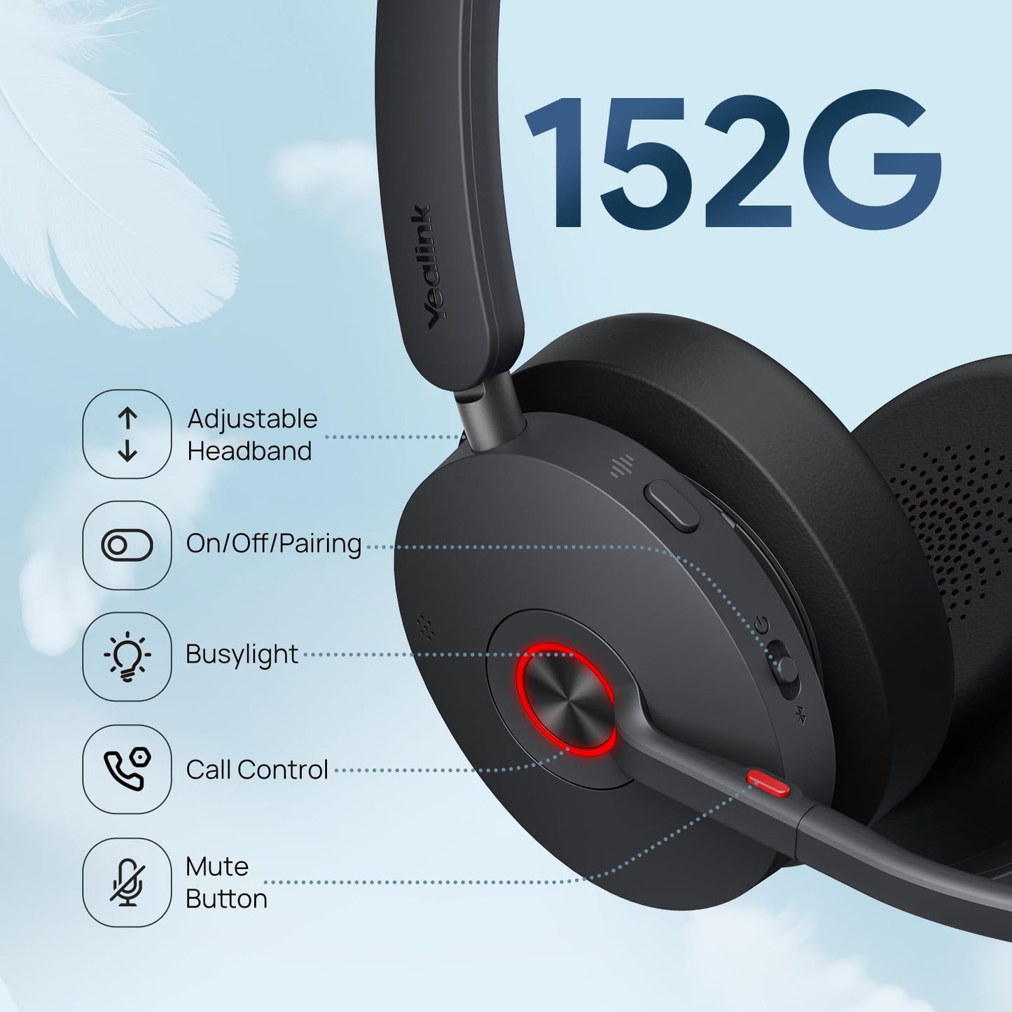 Yealink BH74 UC ANC Bluetooth Headset with Microphone for Hybrid Work, Microsoft Teams Premium Open Ofﬁce Certified Headsets with 6-mics Active Noise…