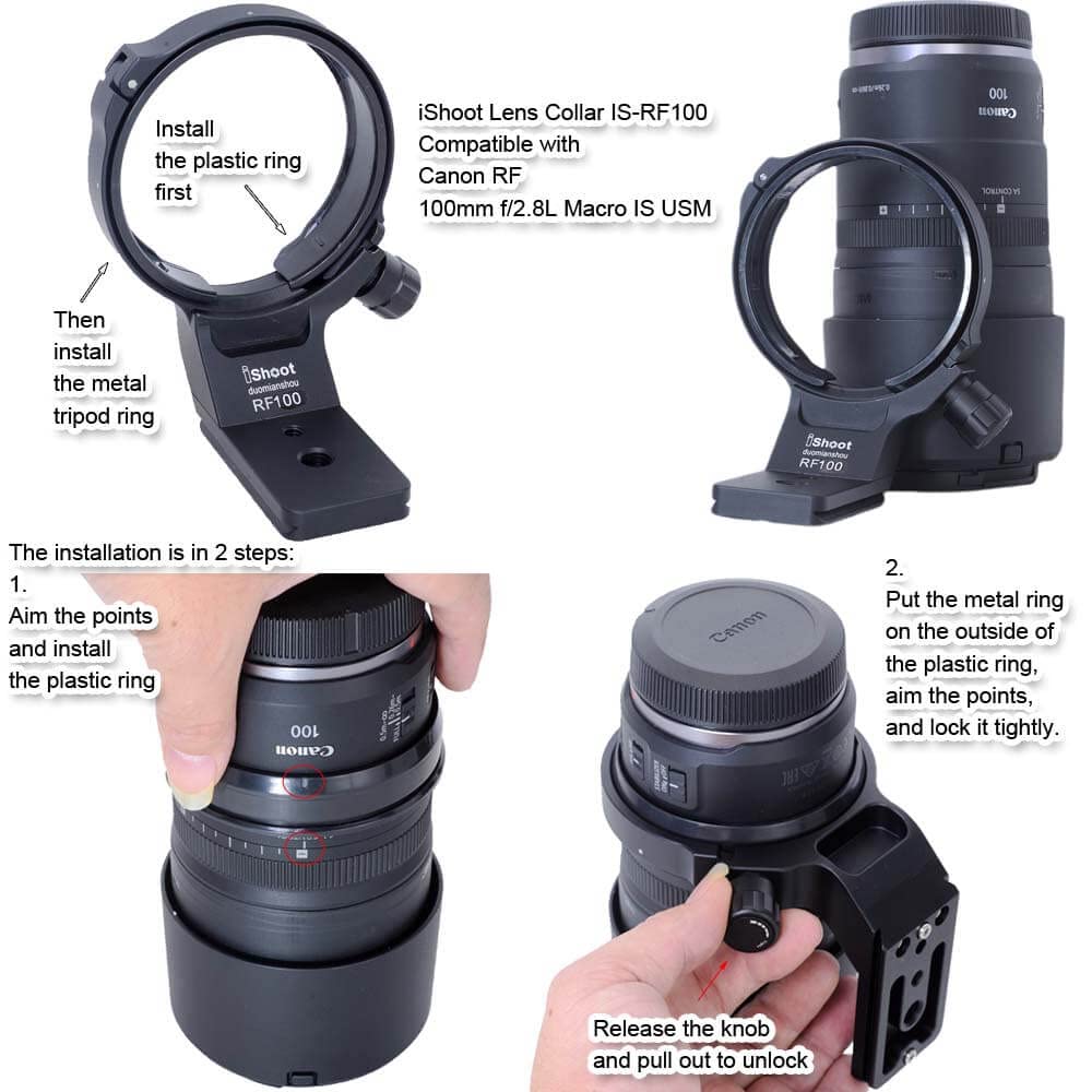 iShoot Lens Collar Tripod Mount Ring Compatible with Canon RF 100mm f/2.8L Macro is USM, Lens Support Holder Bracket Bottom is Arca-Swiss Fit Quick