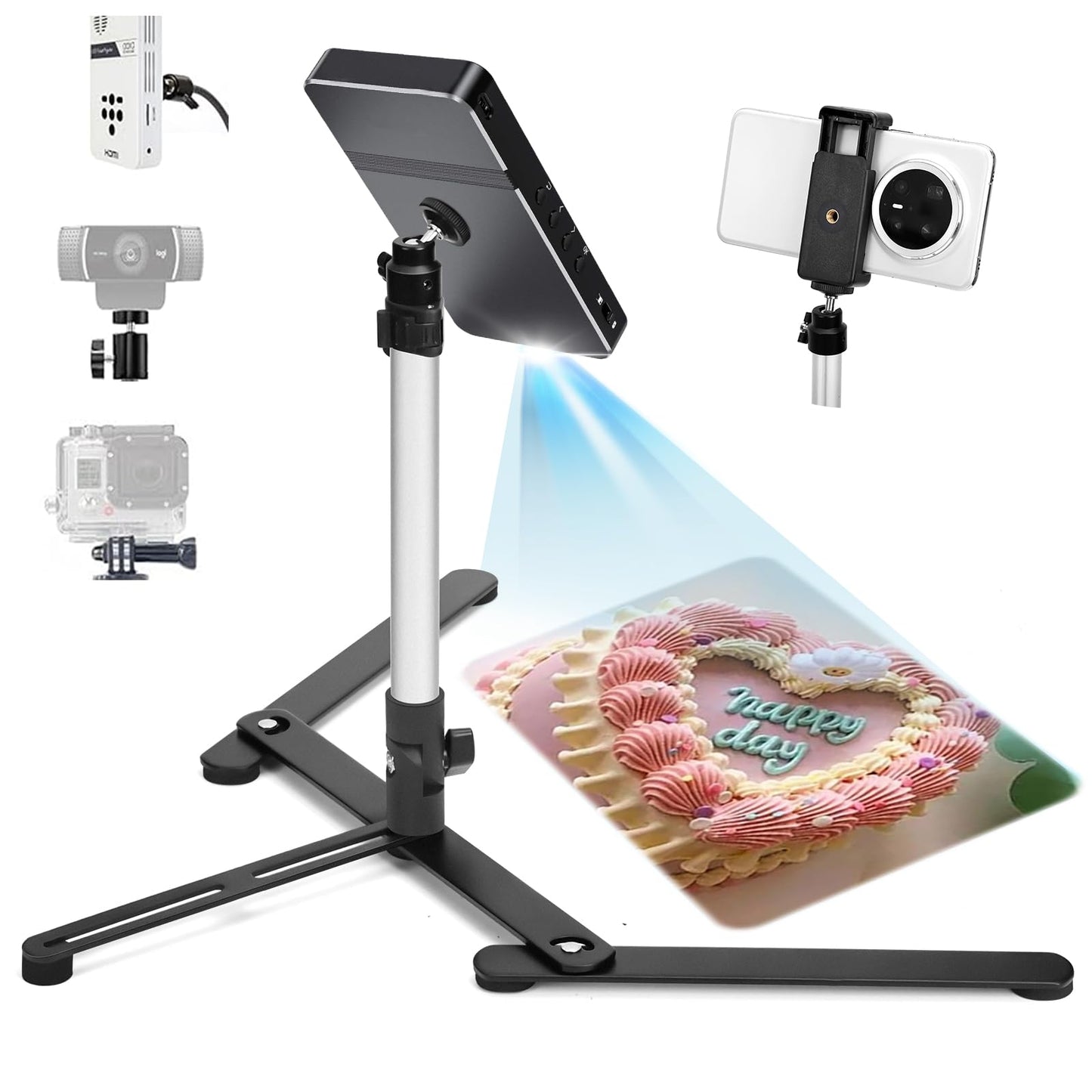 YIFMEIG Overhead Tripod for Mini Projector - Phone Holder,Camera Stand,Webcam,Stronger Support with Clip for Cookie Decorating,eaching Online Live