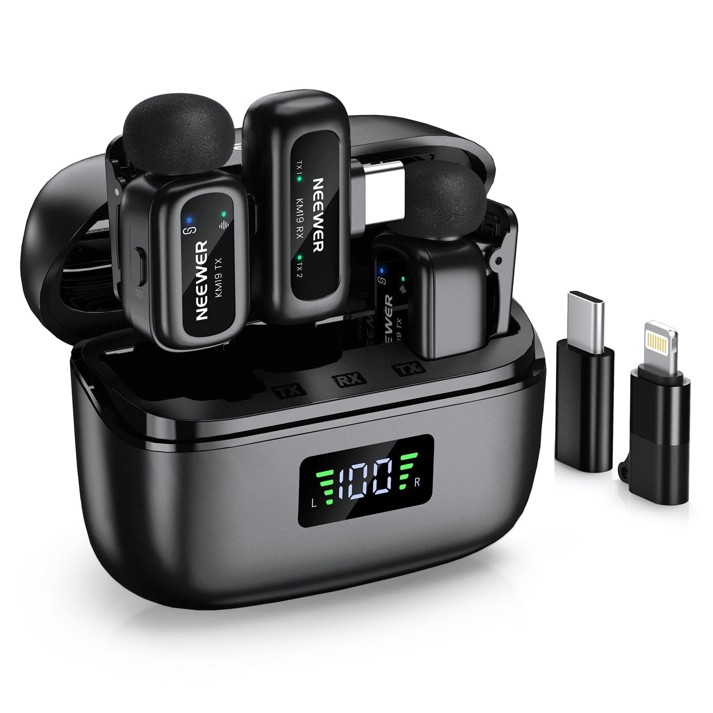 NEEWER KM19 Lightweight Wireless Lapel Microphone, 48kHz/24bit 30H Battery 3-Level Noise Cancelling Mute Stereo 100m Range Mini Lav Mic with App