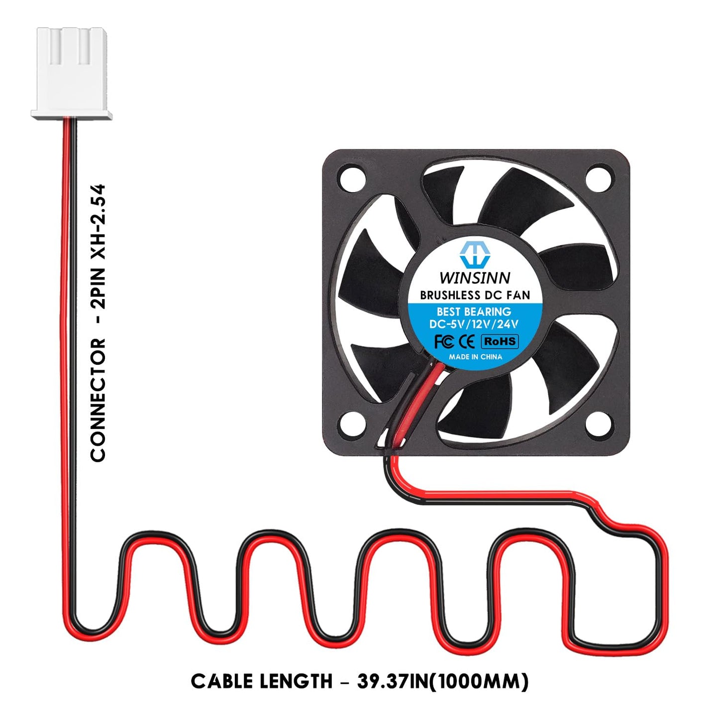WINSINN DC 50mm Fan 12V 5015 Dual Ball Bearing Brushless Cooling 50x15mm 2PIN (Pack of 2Pcs)