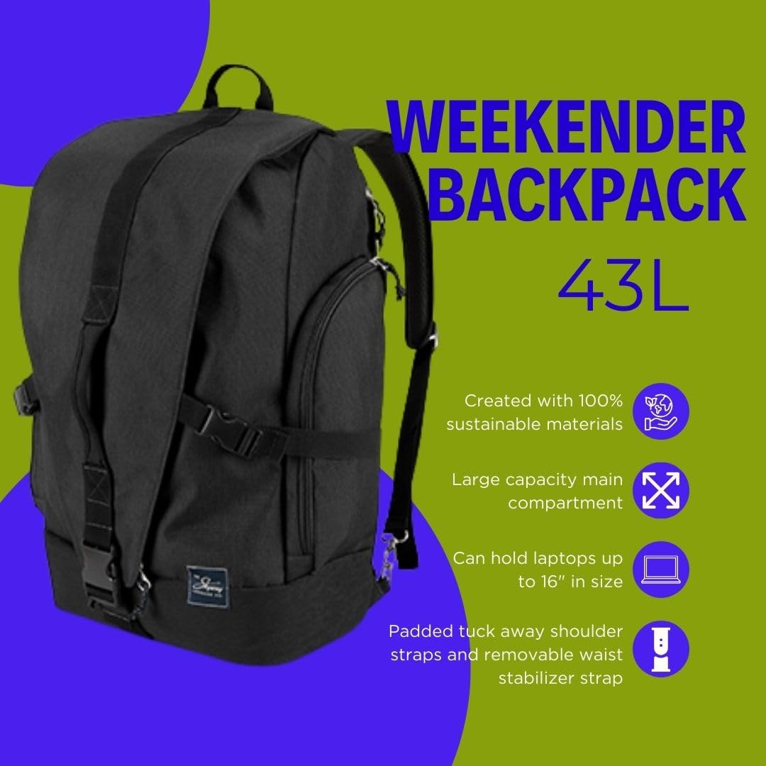 Skyway Luggage Rainier Weekender Backpack, Eco-Friendly, Made of 100% rPET Travel Laptop Bag for Women & Men, Flight Approved Carry On Bag, 43L