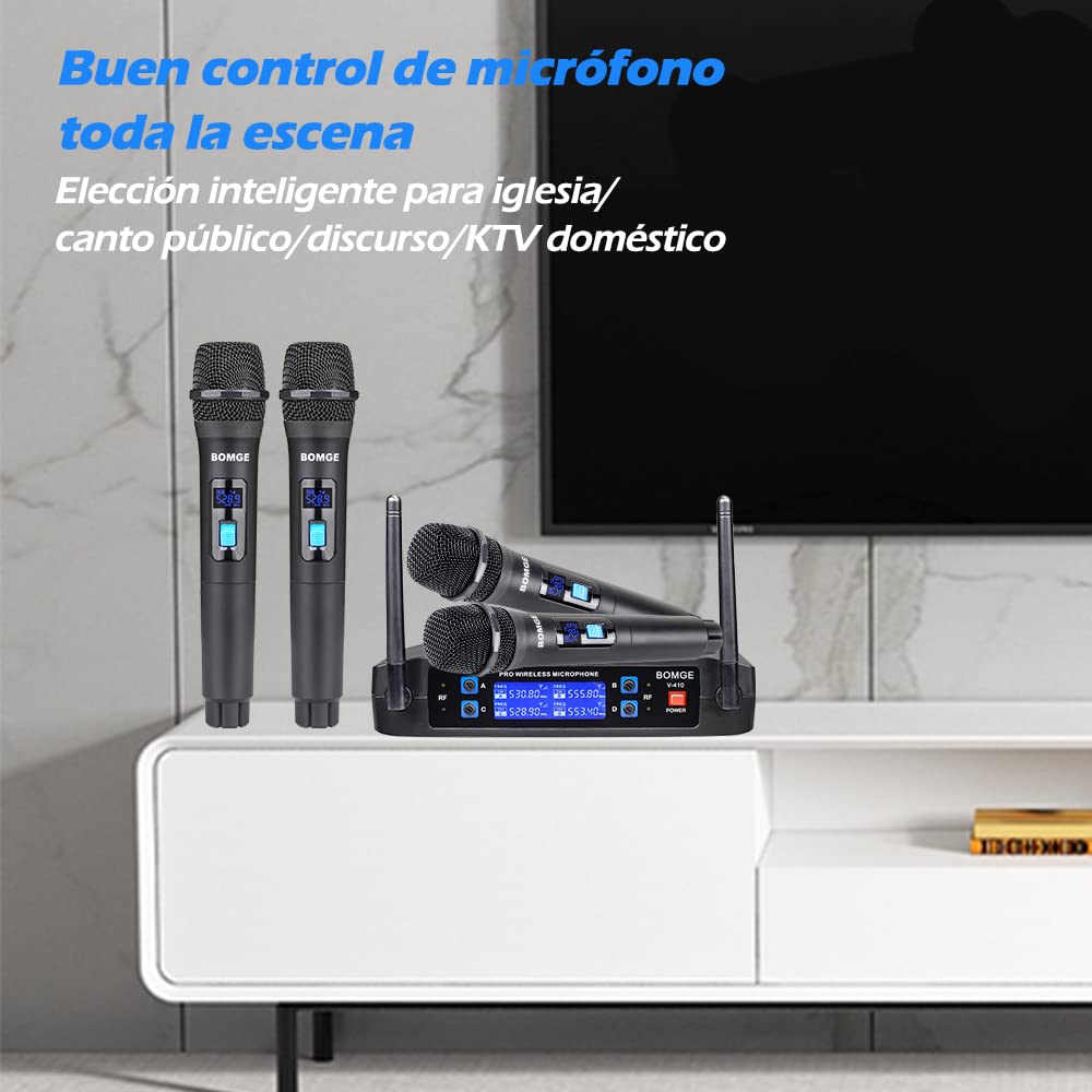 BOMGE Wireless Microphone System, Pro 4-Channel Cordless Mic Set with Four Handheld Mics, Fixed Frequency, Long Range 200ft, Ideal for Church,Karaoke