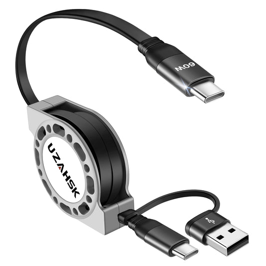UZAHSK Retractable USB A/C to USB C Cable(4 Ft, 1Pack), 60W 3-in-1 USB-A/C to Type C Fast Charging Cord for iPhone 17 16 15 Pro Plus Pro Max, Samsung