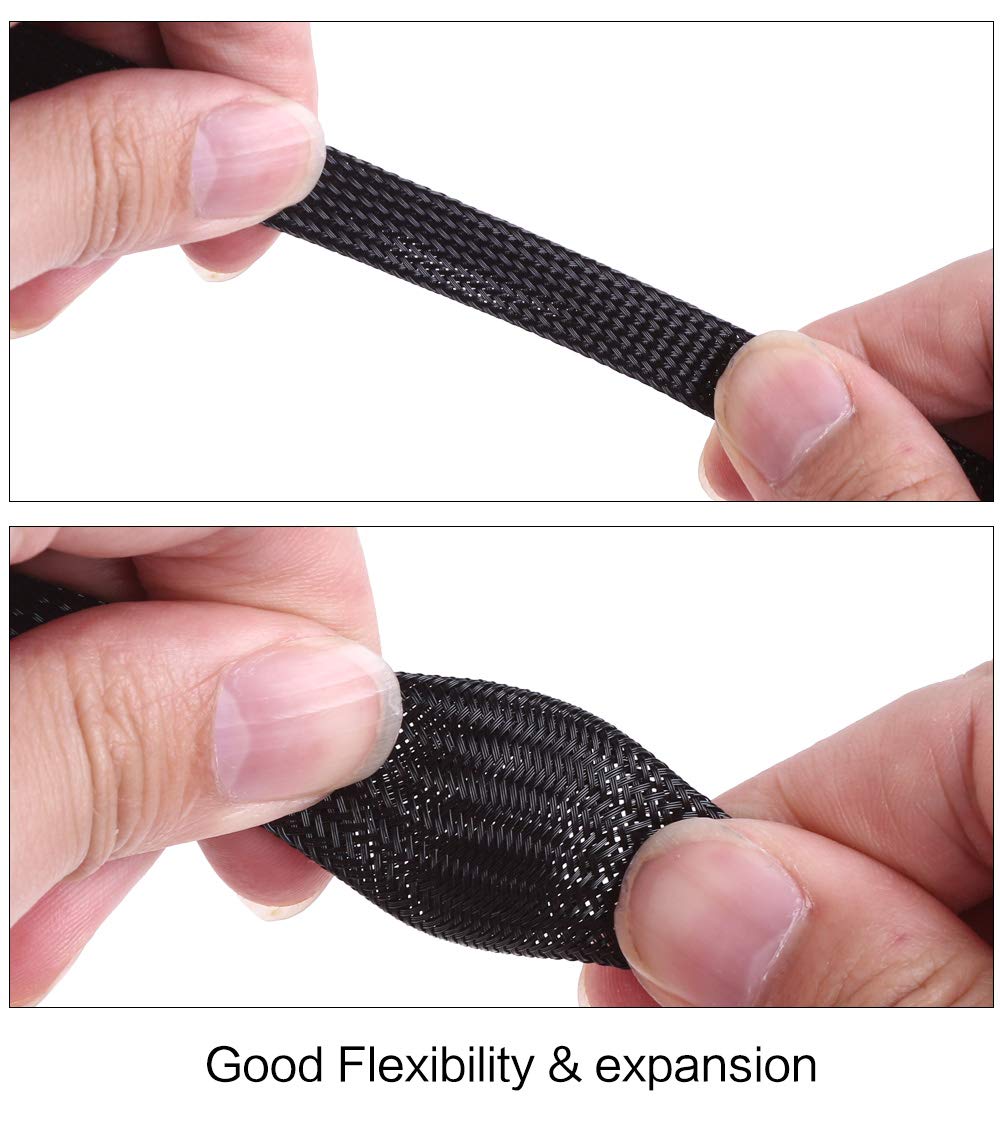 Keco 100ft - 1/4 inch PET Braided Expandable Cable Sleeve - Wire Sleeving for Audio Video and Other Home Device Cable Automotive Wire - Black
