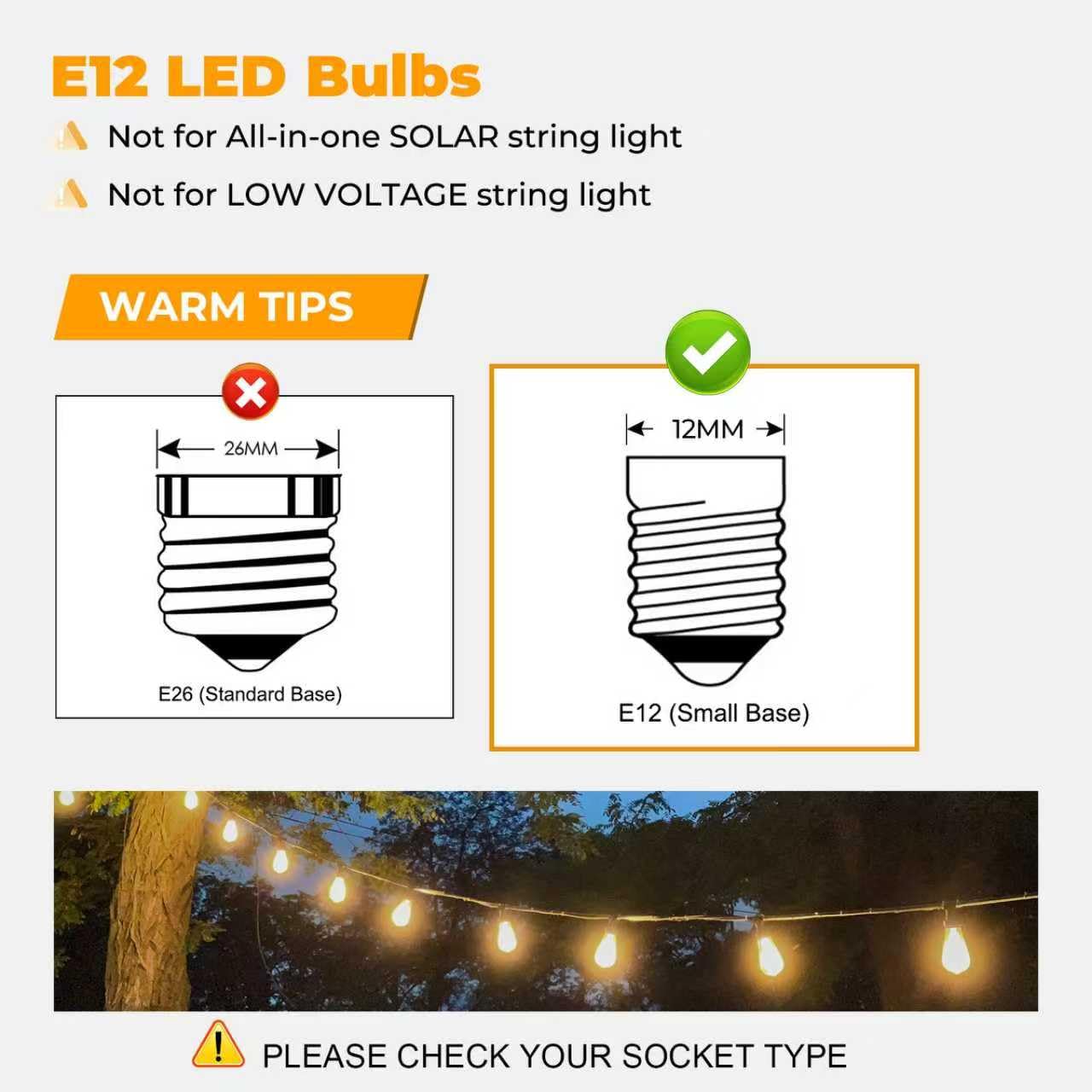 GvvooHome 48 Pack ST38 LED Replacement String Light Bulbs, 1Watt Shatterproof E12 LED Bulb for Outdoor Patio Garden Vintage String Lights, 2700K