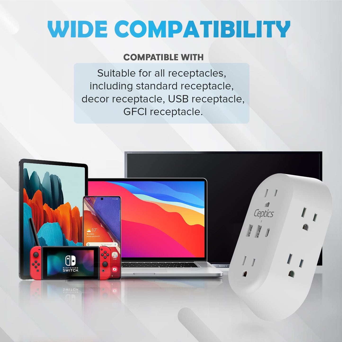 Ceptics 20W Wall Power Strip Charger - Small & Compact - Surge Protector 1800J - Grounded Dual USB + USB-C PD & QC 3.0-6 USA Outlets Input (20W)