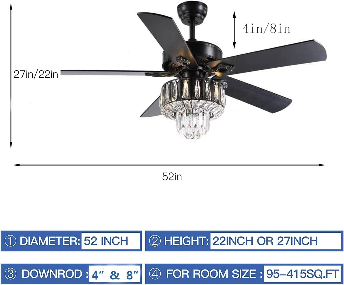 ONELLH 52'' Ceiling Fans with Lights with 3-Speed Indoor Chandelier Ceiling Fans with Crystal Lampshade, Matt Black Reversible Fandelier Fan