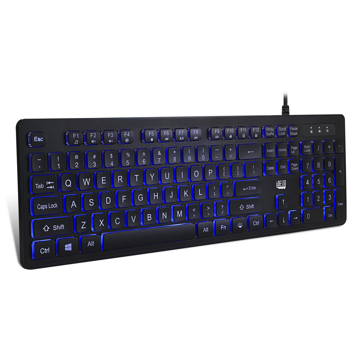 Adesso AKB-139EB 104 Key Large Print LED Keyboard, Blue