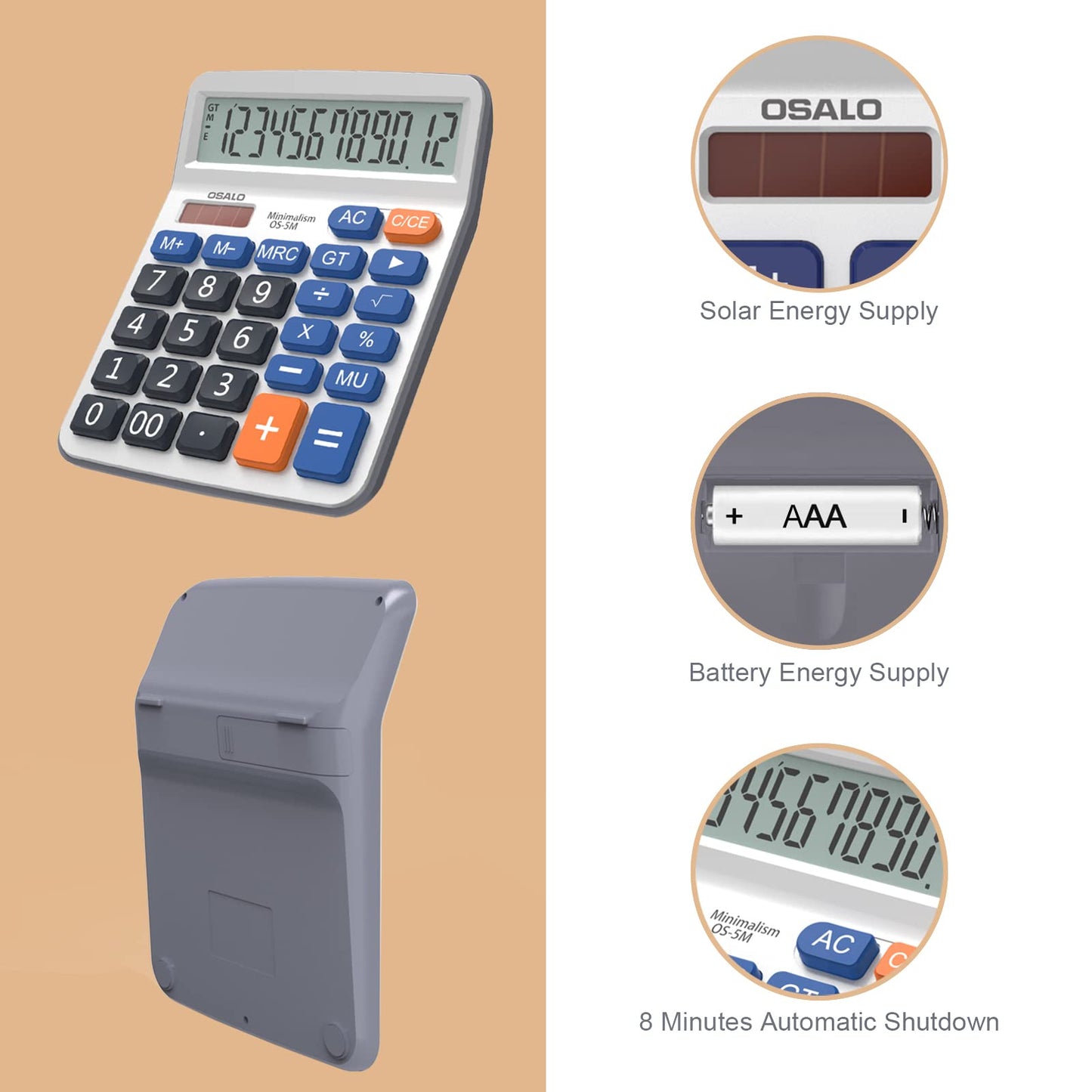 Desktop Calculator Extra Large 5-Inch Clear LCD Display 12-Digit Big Number Button Office Calculator with Auto Sleep Function (OS-5M)