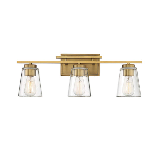 Savoy Essentials 8-1020-3-322 Calhoun Modern Clear Glass Bathroom Vanity Wall Light, 3-Light 180 Total Watts, 9" H x 24" W, Warm Brass