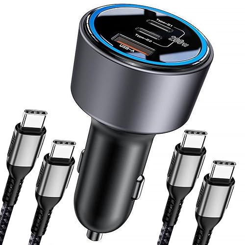 200W Car Charger, USB C Car Charger PD3.0 QC4.0 PPS Fast Charging Car Adapter with 2 100W USB C Cable 3 Port Type C Cigarette Lighter for Dell XPS